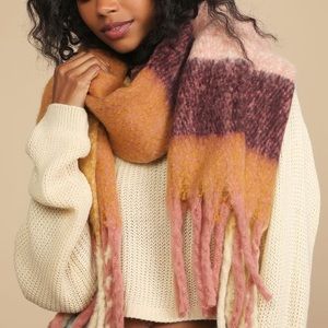 lulu’s Season of Cozy Dusty Pink Multi Plaid Fringe Oversized Scarf